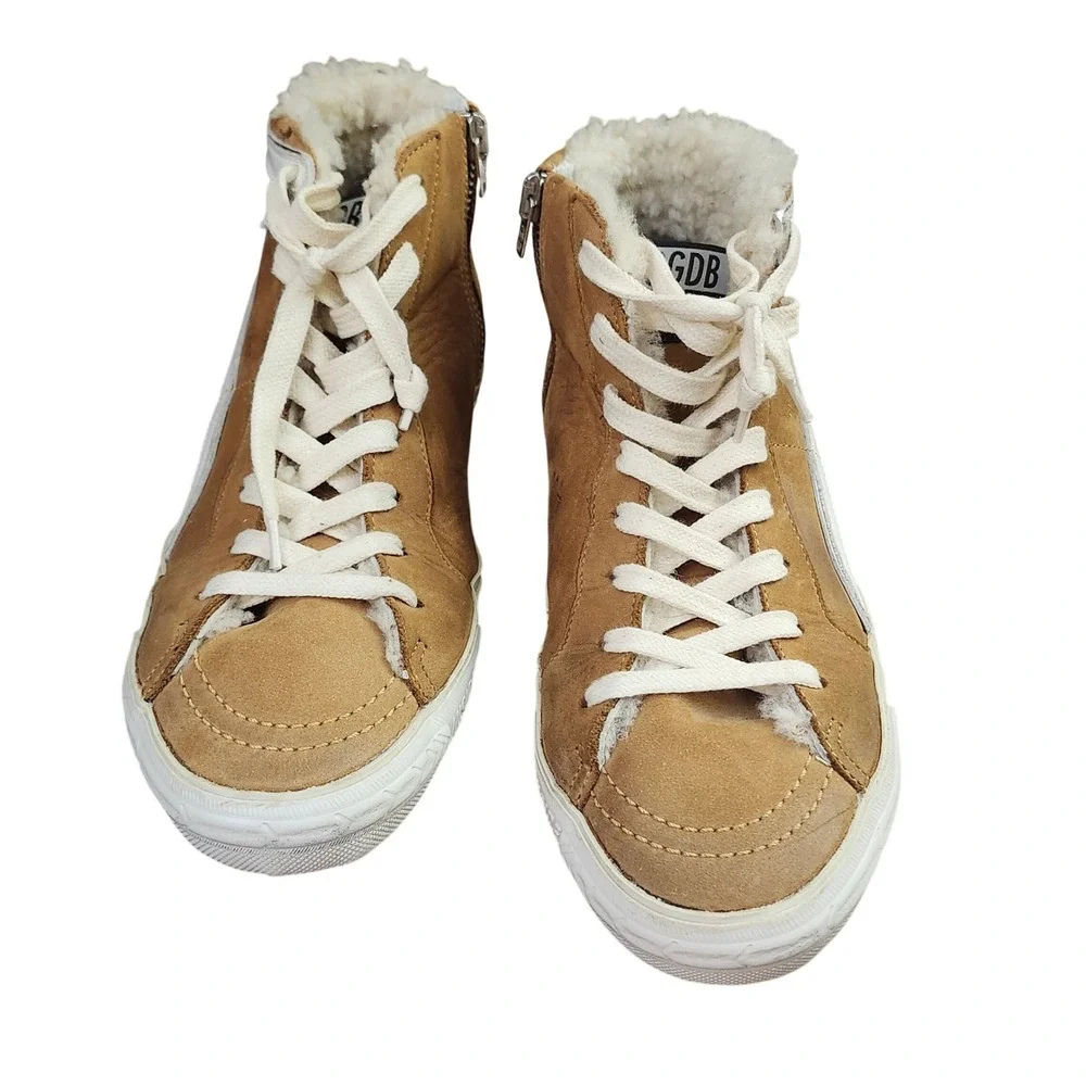 Golden Goose Slide Tan Suede Shearling Lined High Top Sneakers Silver Star 37